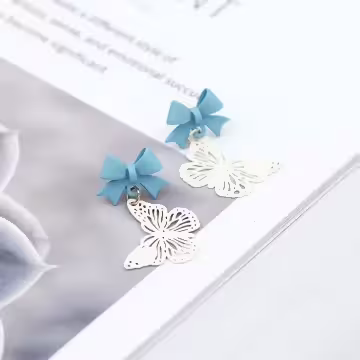 藍領結鏤空白蝴蝶×吊墜耳環