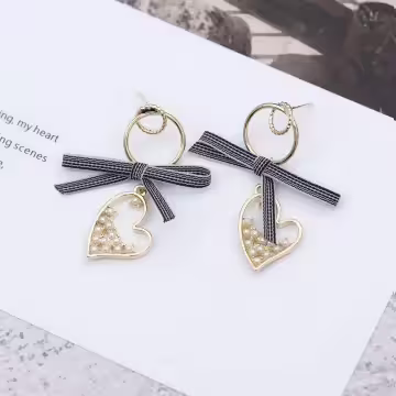 絲帶蝴蝶結愛心小珍珠×吊墜耳環×共二色