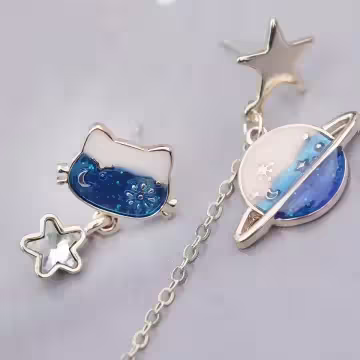 漸變色萌貓星球×不對稱吊墜耳環
