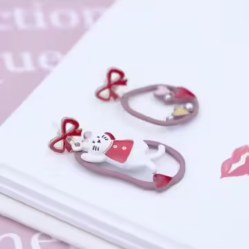 領結愛心小貓×不對稱吊墜耳環