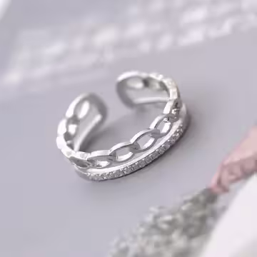 925銀飾×結辮雙層晶鑽×開口戒指