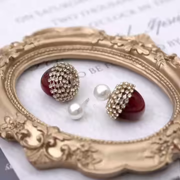 松果滿鑽小珍珠×後掛式吊墜耳環