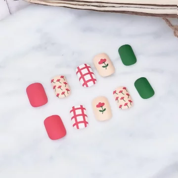 紅配綠格子小花霧面×穿戴式手指甲片×二十四入 .avif