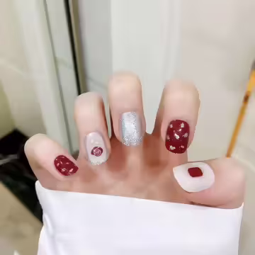 紅玫瑰愛心銀蔥亮面×穿戴式手指甲片×二十四入