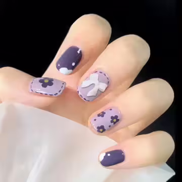 漾紫滿花白蝴蝶結亮面×穿戴式手指甲片×二十四入