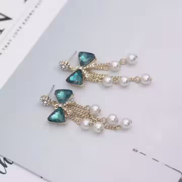 藍晶領結珍珠流蘇簾×吊墜耳環
