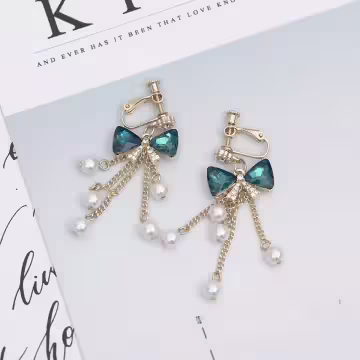 藍晶領結珍珠流蘇簾×螺旋耳夾