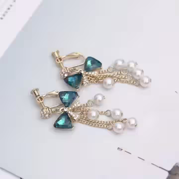 藍晶領結珍珠流蘇簾×螺旋耳夾