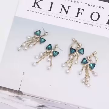 藍晶領結珍珠流蘇簾×螺旋耳夾