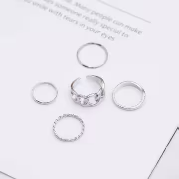 粗曠鍊條細圈麻捲×五套件戒指組×銀色