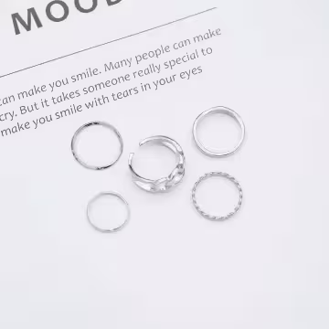 粗曠鍊條細圈麻捲×五套件戒指組×銀色