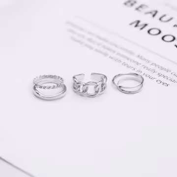 粗曠鍊條細圈麻捲×五套件戒指組×銀色