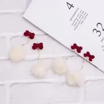 植絨蝴蝶結曲線毛球×吊墜耳環