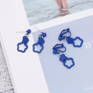 克萊因藍小花朵×吊墜耳環