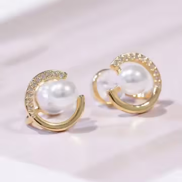 金色圓型珍珠閃鑽×U型耳夾