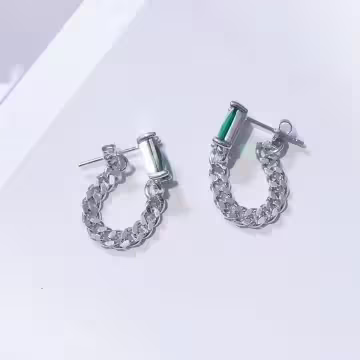 方型綠鑽鍊條×後掛式吊墜耳環