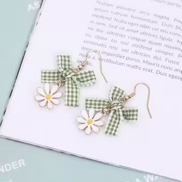 綠格蝴蝶結小雛菊×吊墜耳勾