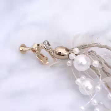 蕾絲鐵線緞帶珍珠×螺旋耳夾