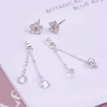 925銀針×粉櫻垂鑽×後掛式耳針