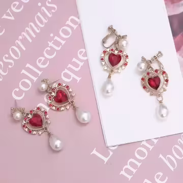 紅心華麗水滴珍珠×吊墜耳環