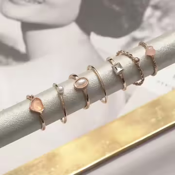 金色粉心小珍珠×七套件戒指組