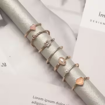 金色粉心小珍珠×七套件戒指組