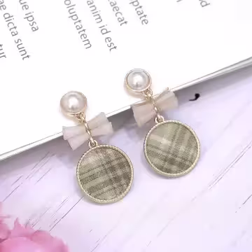 白綠格圓環領結×螺旋耳夾