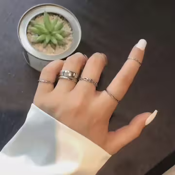 鎖鍊簡約指環×七套件戒指組×銀色