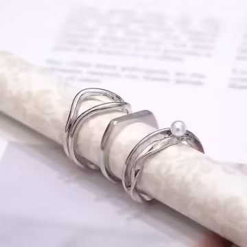 銀色線條不規則珍珠×三套件戒指組