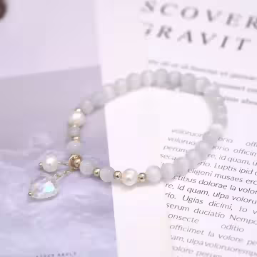 白色貓眼石珍珠愛心×固定式串珠手鍊