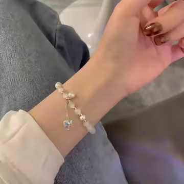 白色貓眼石珍珠愛心×固定式串珠手鍊