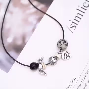 愛心翅膀金屬石頭×皮革項鍊