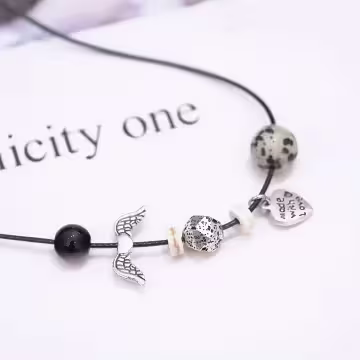 愛心翅膀金屬石頭×皮革項鍊