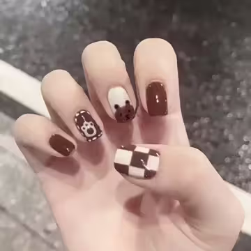 棋盤咖啡小熊亮面×穿戴式手指甲片×二十四入