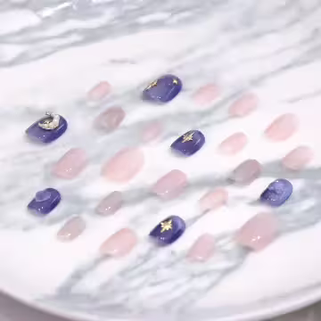 藍粉星月奇緣亮面×穿戴式手指甲片×二十四入