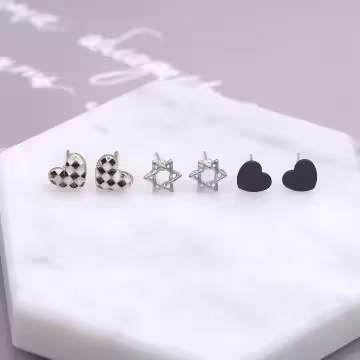 黑白格子愛心星星×三套件耳環組