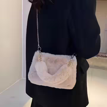 手提小巧毛絨絨×鍊條斜背包×淺灰