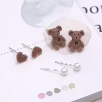 絨毛小熊愛心珍珠×三套件耳環組