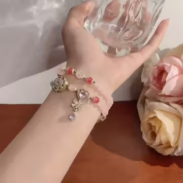 甜心華麗粉紅蝴蝶結×雙層串珠手鍊