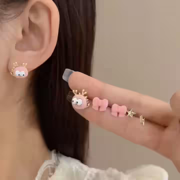 絨毛呆萌小怪獸×三套件耳環組×粉紅