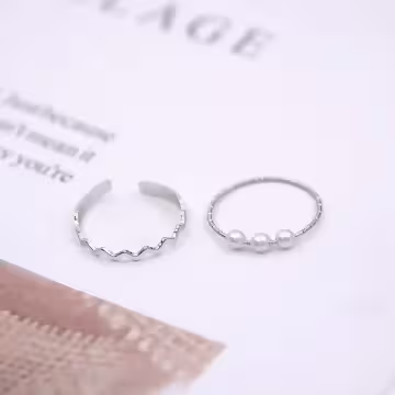 三顆珍珠波紋麻花×五套件戒指組×銀色