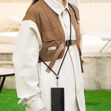 可調節雙環×黑色×純素色簡約滌綸繩×手機斜背雙勾掛繩×全黑