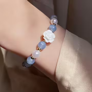 海藍寶典雅山茶花×固定式串珠手鍊