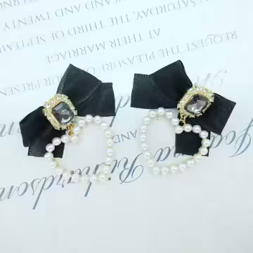 黑緞面領結珍珠愛心×吊墜耳環