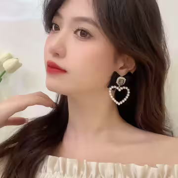 黑緞面領結珍珠愛心×吊墜耳環