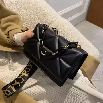 撞色鍊條織帶菱紋包×斜背包×黑色