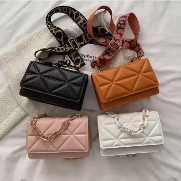 撞色鍊條織帶菱紋包×斜背包×白色