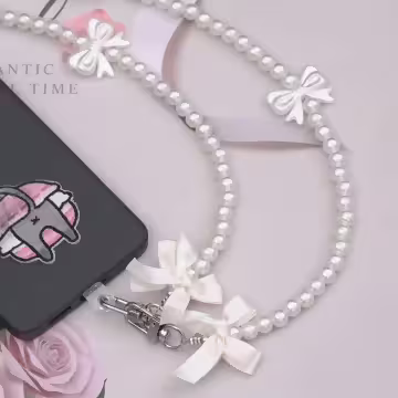 緞帶蝴蝶結珍珠×手機斜背雙勾掛繩