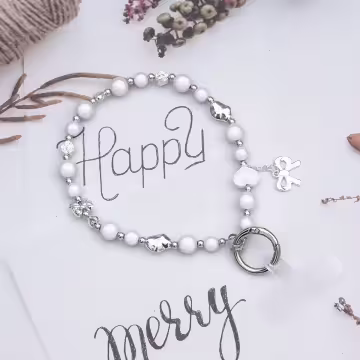 銀色蝴蝶結珍珠小花×手機腕帶掛繩