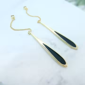 長流蘇黑色水滴×吊墜耳環